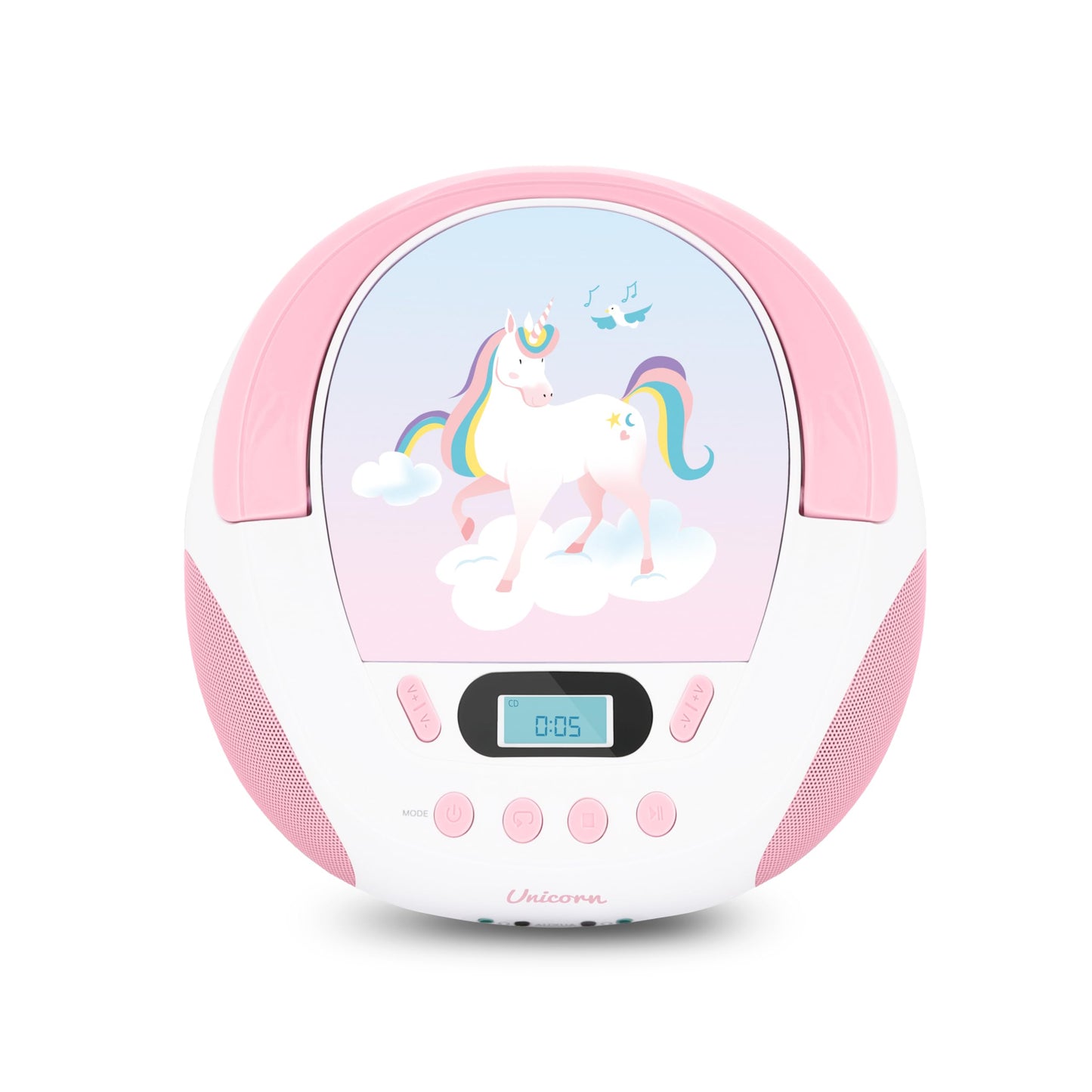 mooov 477407 CD player for kids with speakers, USB, headphone jack, AUX-IN port - Portable boombox CD player - Mains or battery operated - Unicorn design - Pink/white