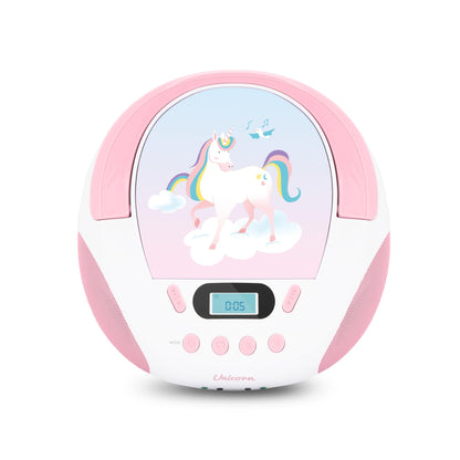 mooov 477407 CD player for kids with speakers, USB, headphone jack, AUX-IN port - Portable boombox CD player - Mains or battery operated - Unicorn design - Pink/white