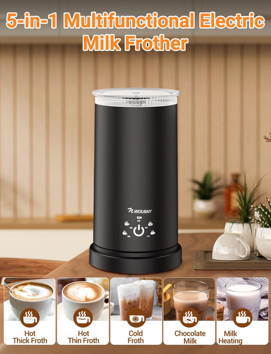 5 in 1 Electric Milk Frother 600W Automatic Milk Frother for 350ml hot/cold milk foam with non-stick coating, One-click control for hot chocolate, latte, cappuccino, etc.