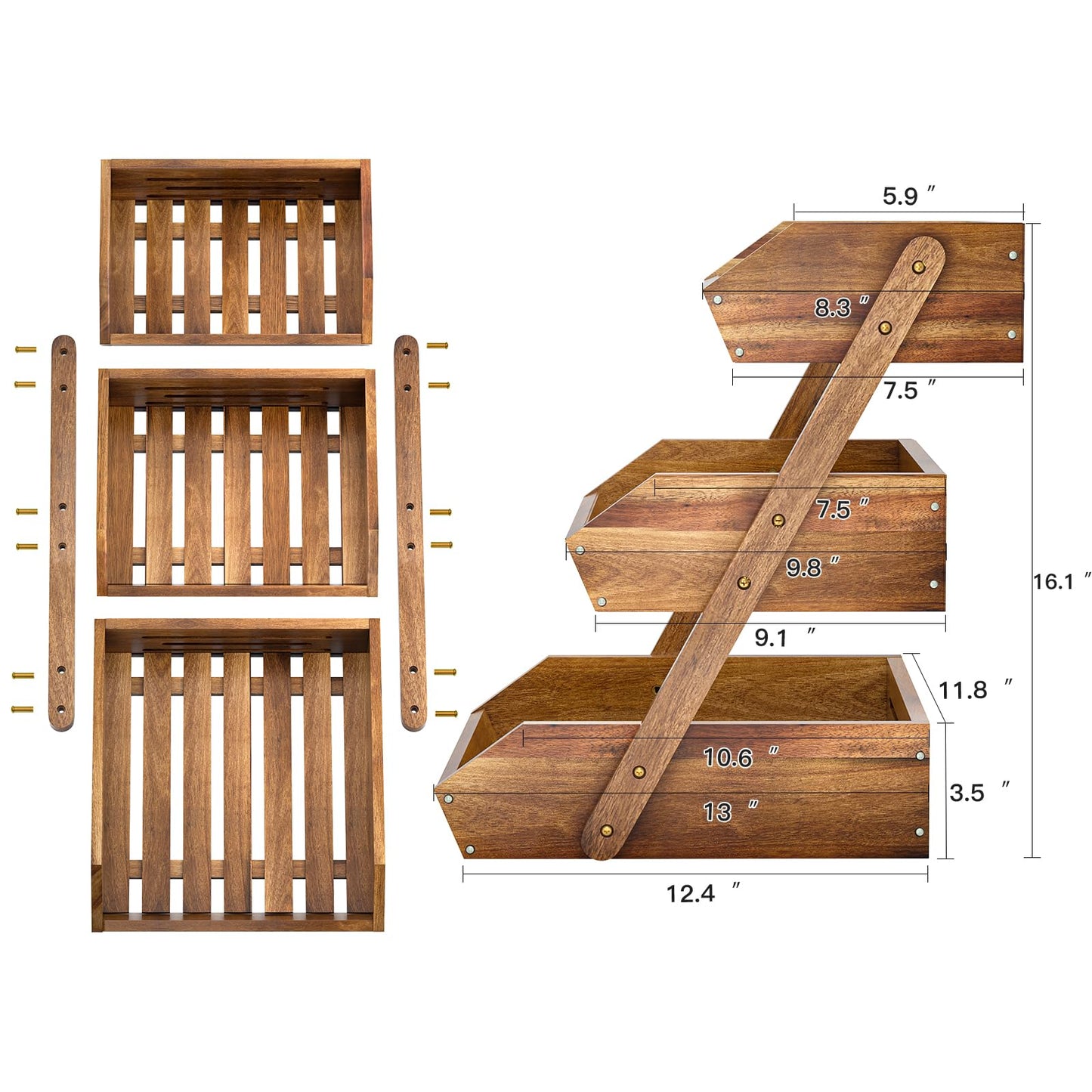CALM COZY 3-tier Fruit Basket Wood, Decorative Fruit Basket Organizer, Vegetable Bread Storage Holder for Countertop Kitchen
