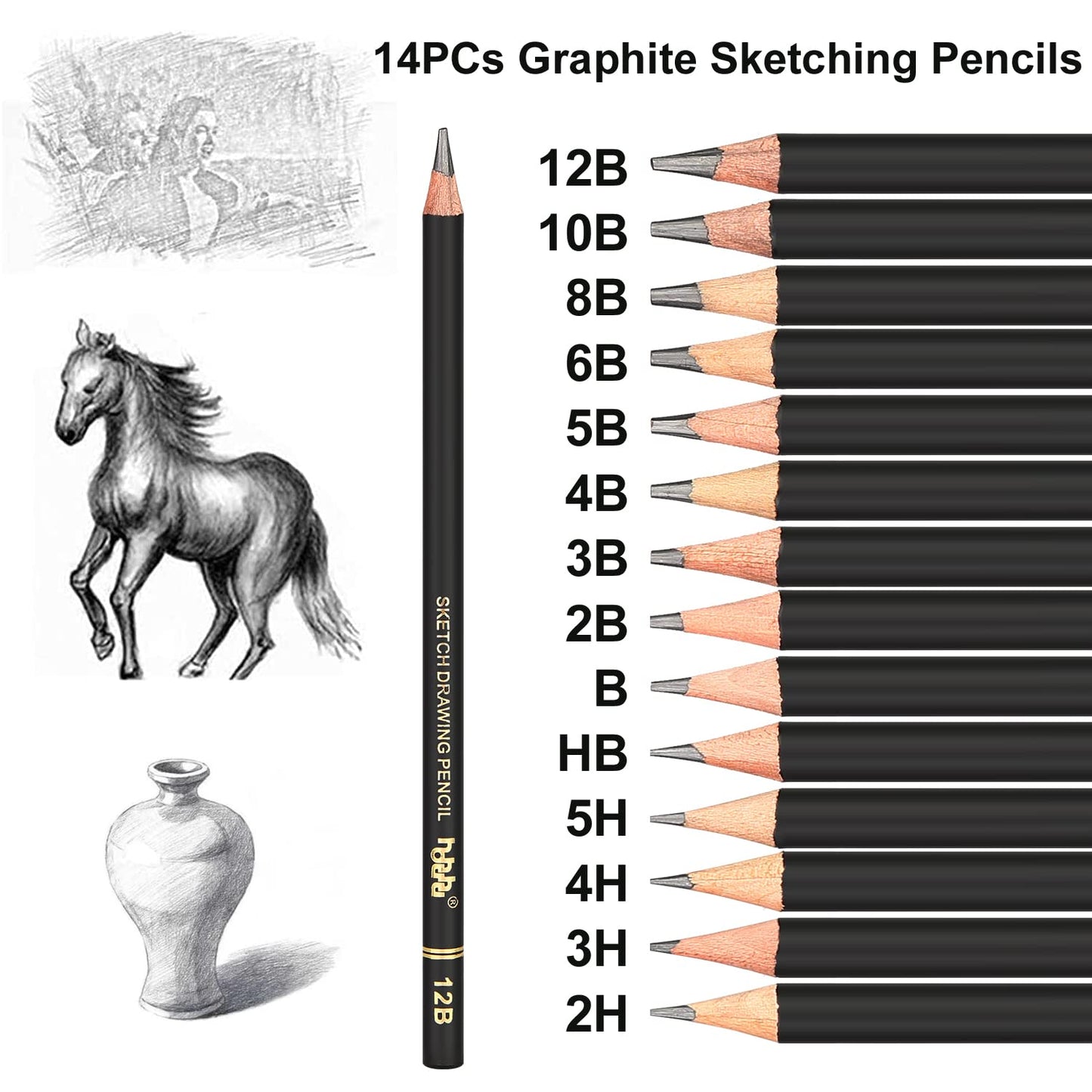 Set of colored charcoal pencils, professional sketching tool with blending stump, kneadable artist eraser, sharpener. For artists, beginners, adults, teenagers. BW-CPS-N01.