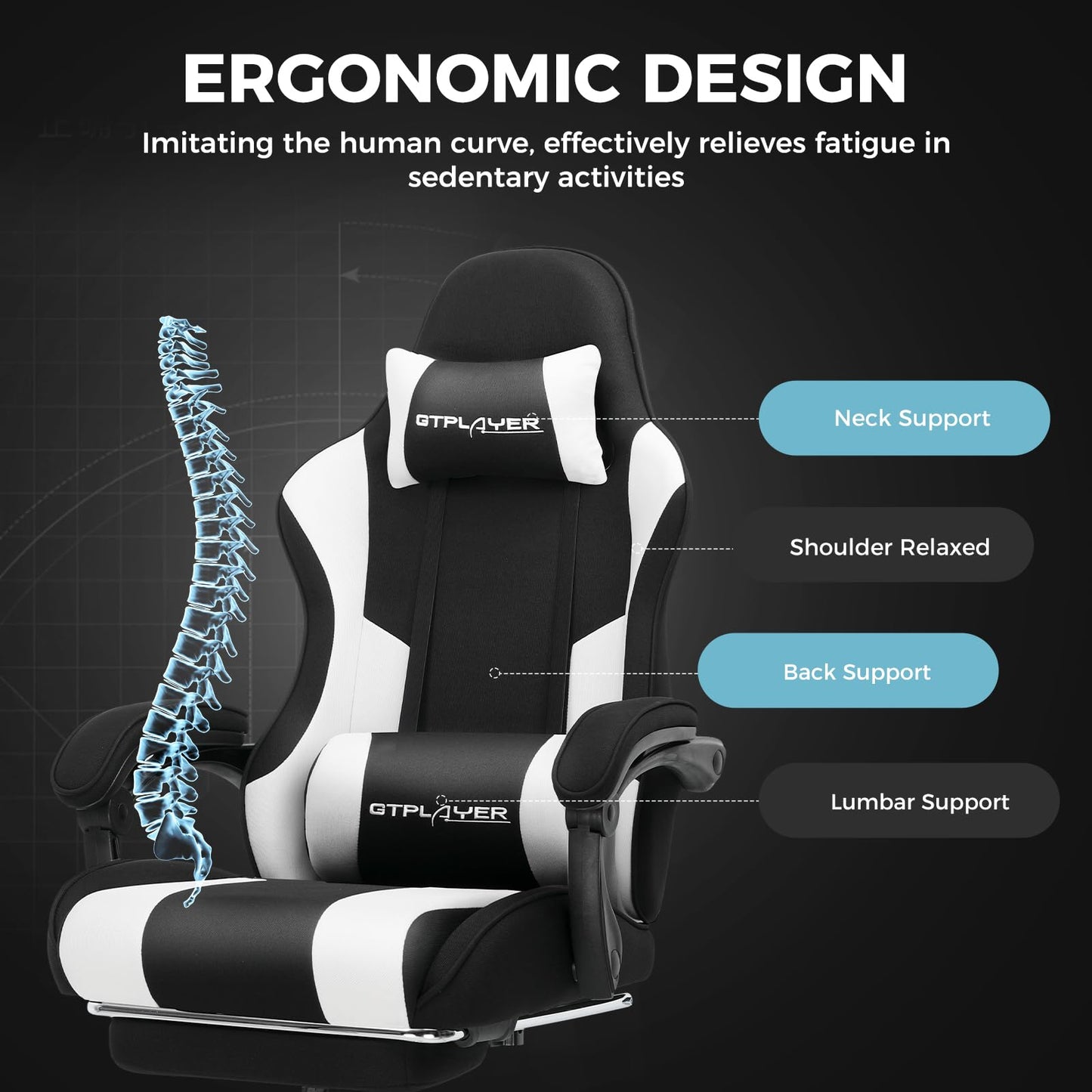 GTPLAYER fabric gaming chair, office chair with massage gaming armchair ergonomic gamer chair with footrest, headrest massage lumbar cushion, padded gaming chair, swivel chair, white