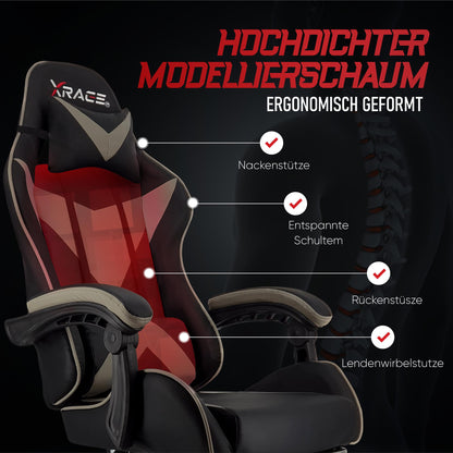 xRace Gaming Chair, Office Chair, Ergonomic PC Chair, Gaming Sofa made of leather with lumbar support, Adjustable Swivel, Task Chairs with Footrest and Headrest, Gray