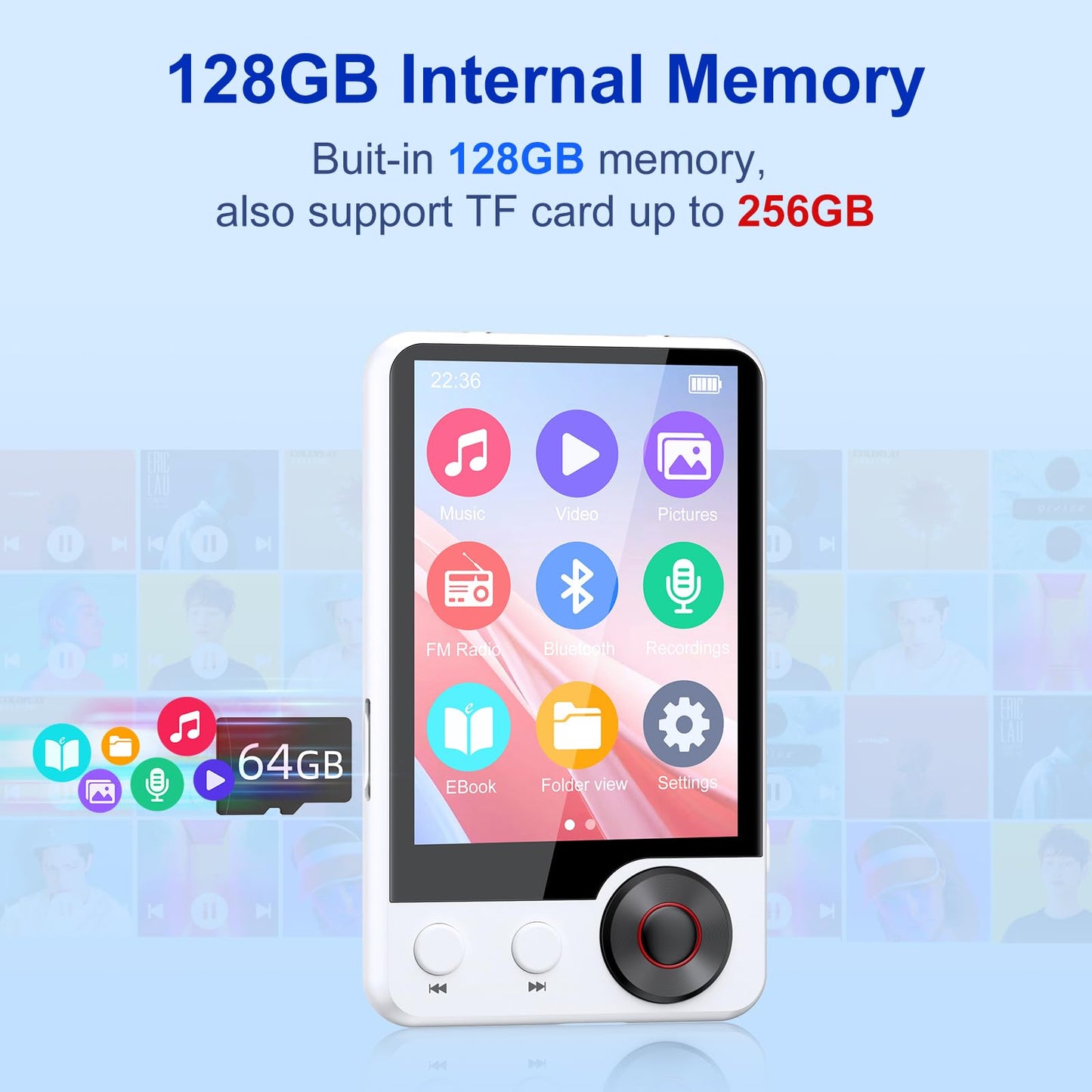 128GB MP3 player with Bluetooth 5.3, 2.4" touchscreen, HiFi digital audio music player with dual headphone jacks, built-in HD speaker, voice recorder, FM radio, supports up to 128GB.