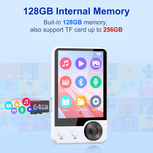 128GB MP3 player with Bluetooth 5.3, 2.4" touchscreen, HiFi digital audio music player with dual headphone jacks, built-in HD speaker, voice recorder, FM radio, supports up to 128GB.