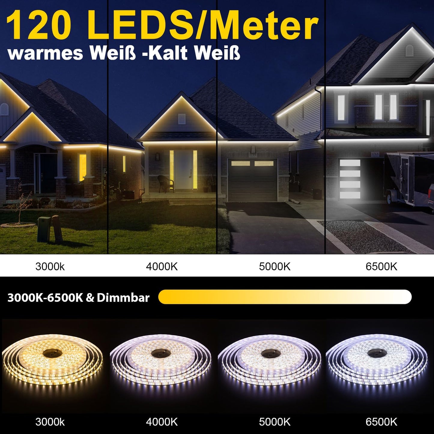 TENDIST Led Strip 15M Outdoor Warm White To Cool White Dimmable, IP67 Waterproof Led Strip Alexa Compatible Wifi App and remote control, 24V Outdoor Led Tape Self-adhesive for Garden, Kitchen