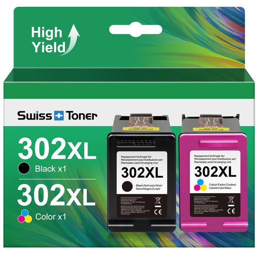 swiss toner 302XL cartridges Compatible for HP 302 printer cartridges Multipack Black and Color for HP Envy 4525 4520 Officejet 3831 5230 Deskjet 3630 (2-Pack)