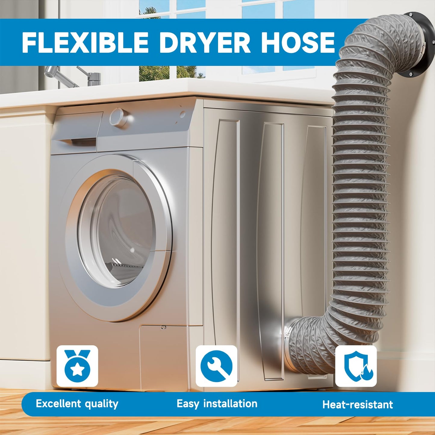 Hon&Guan ø100mm 5m Long Exhaust Hose, PVC Aluminum Flex Duct Vent Hose with 2 Stainless Steel Hose Clamps for Portable Air Conditioner, Dryer, Exhaust Fan, Range Hood, Ventilation System, Gray
