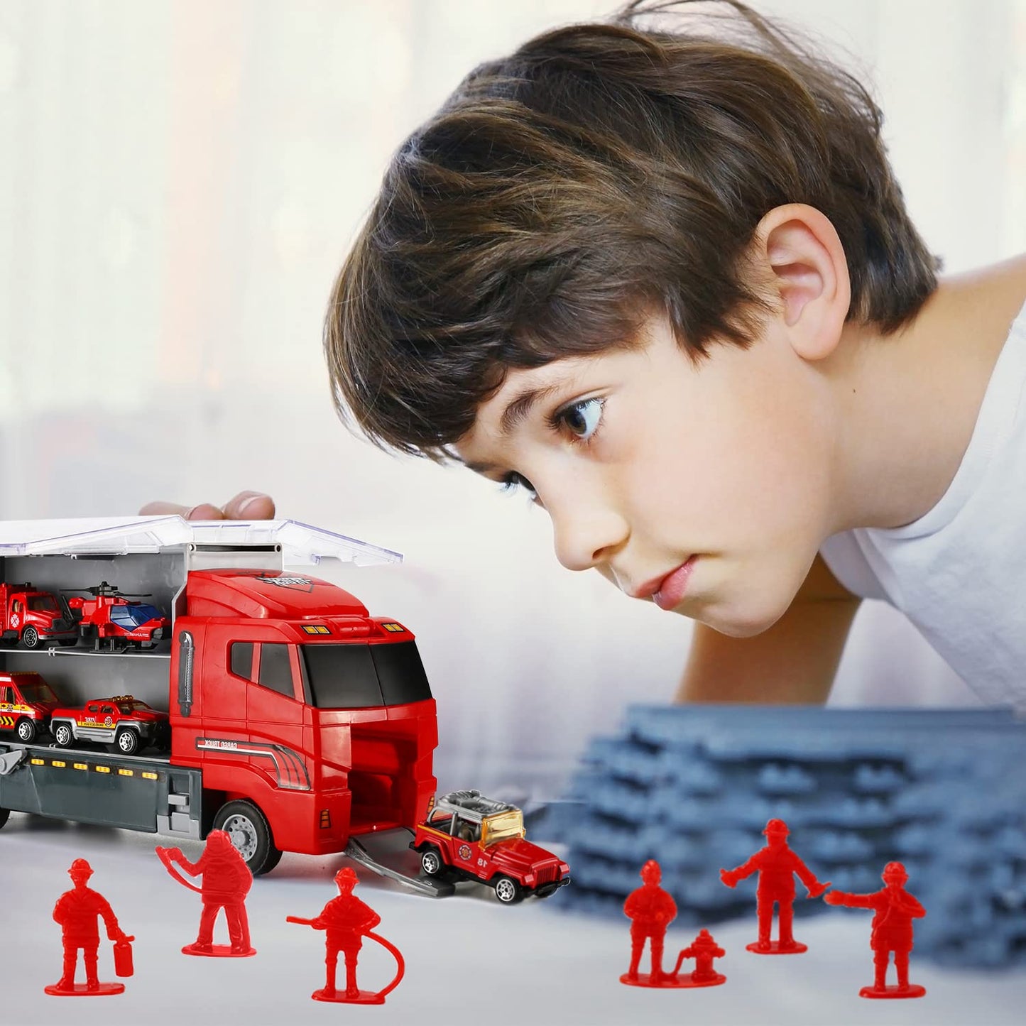 19-in-1 Fire Truck Set, Fire Department Toy Fire Trucks in Truck with 9 Figures for Kids 3+ Years Old