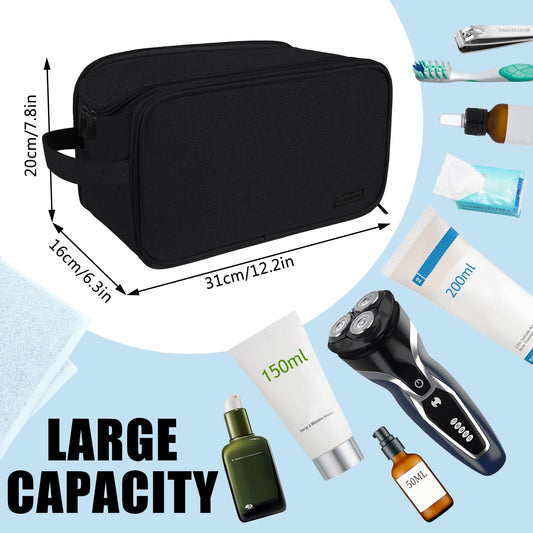 Gloppie toiletry bag for men and women. Large 10L waterproof travel wash bag with wet/dry pouch. Ideal for kids, adults, in black.