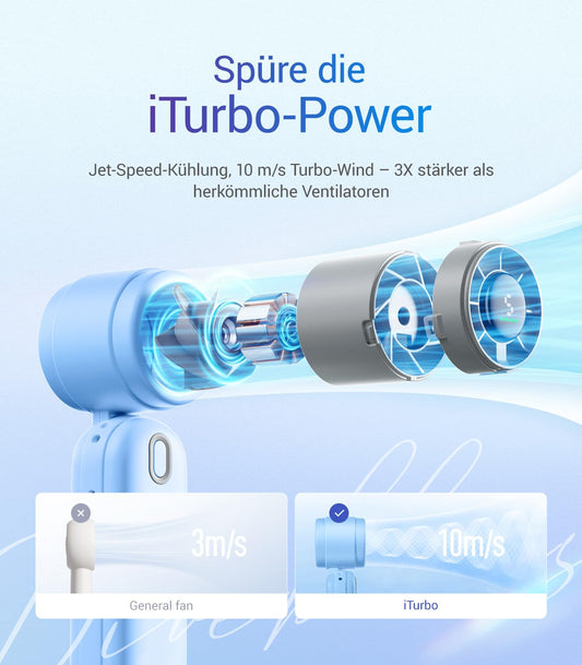 Diveblues 3-in-1 handheld turbo fan with 4000mAh USB rechargeable battery, 5 speeds, foldable portable design, up to 12 hours runtime, perfect for travel, camping, and outdoor use.