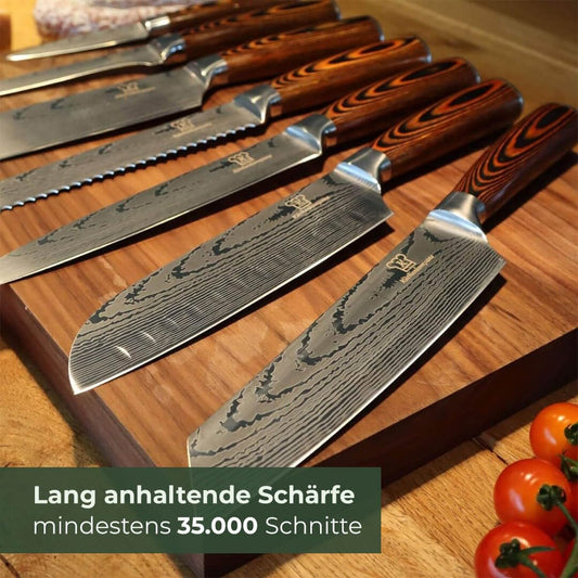 Kitchen companion - 8-piece stainless steel kitchen knife set in damask design with ergonomic Pakka wood handle and gift box - Sharp, durable knives for precise cutting - Designed in Germany.