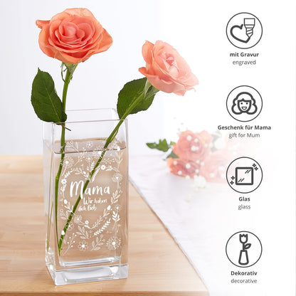 Flower vase for mom: Engraved vase, Mother's Day gift, Square glass vase for the best mom, Flower heart decor vase as a gift for mom, Modern tulip vase, Glass table decoration, Birthday gift