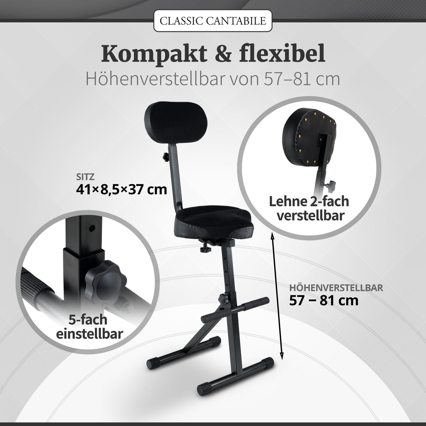 Classic Cantabile ST-200 PRO Standing Aid Stool Standing Seat Bar Stool (solid steel frame, rubber feet, 5-level seat height, adjustable from 57-81 cm, seat surface WxHxD: 41 x 8.5 x 37 cm) black