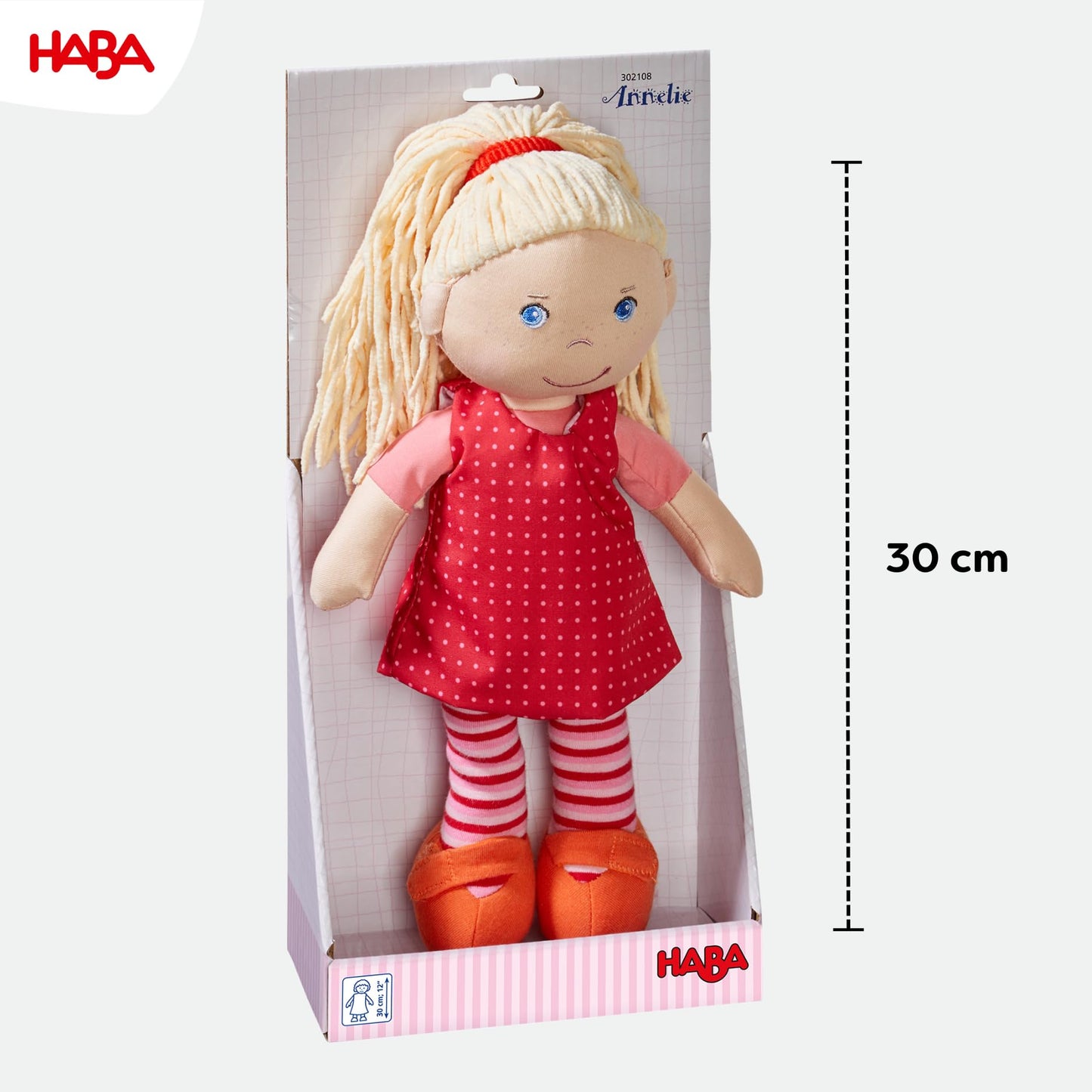 HABA Fabric Doll Annelie - Soft doll with hair for styling - With interchangeable clothing - From 18 months - 30 cm - Washable - 1302108001