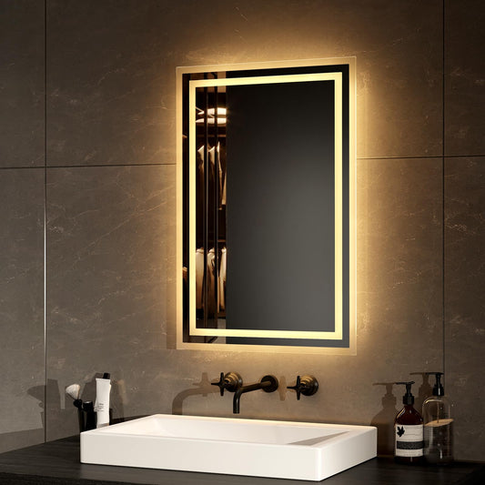 EMKE LED bathroom mirror with lighting 40x60cm. Anti-fog, cold and warm white light options. High-quality aluminum frame with IP44 rating. Energy-efficient with touch button switch.