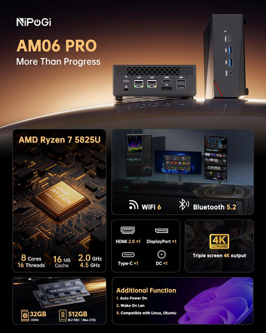 The NiPoGi AM06 PRO Mini PC features AMD Ryzen 7 5825U processor (8C/16T, up to 4.5 GHz), 32GB DDR4 RAM, 512GB M.2 SSD, WiFi 6, RJ45 Dual LAN, 4K Triple Display support. Perfect for school/office/HTPC with VESA mount.