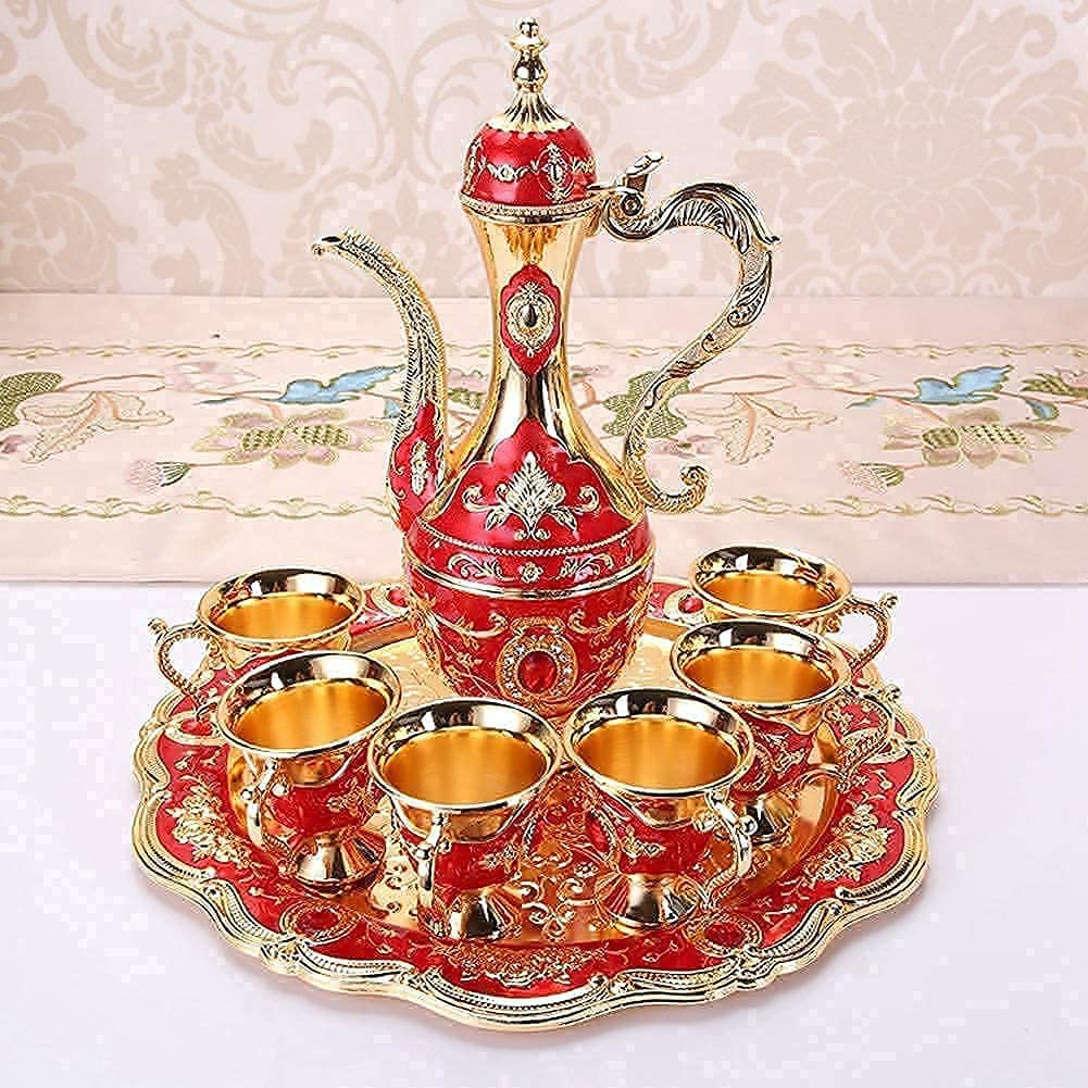 Turkish coffee set, 6-piece metal tea service with tray and gold decoration for traditional tea ceremony household accessories.