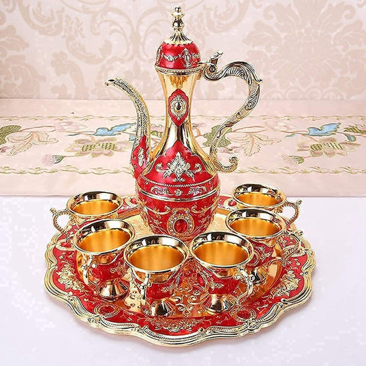 Turkish coffee set, 6-piece metal tea service with tray and gold decoration for traditional tea ceremony household accessories.