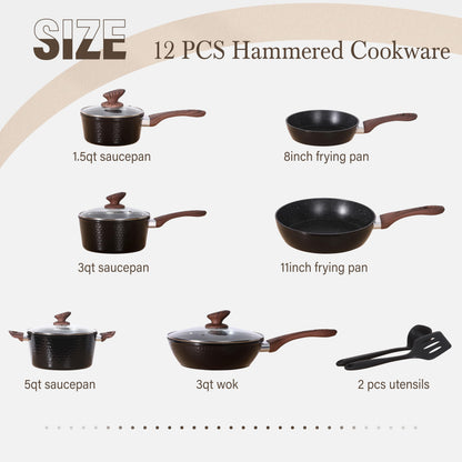 Kitchen Academy Induction Cookware Set - 12-piece Nonstick Cookware Set, Black Granite Pots and Pans Set