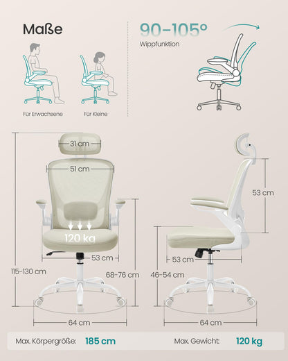 SONGMICS ergonomic office chair with mesh, lumbar and headrest, rocking function, 53 cm wide seat, foldable armrests, for office and bedroom, students, cappuccino beige OBN047K01.