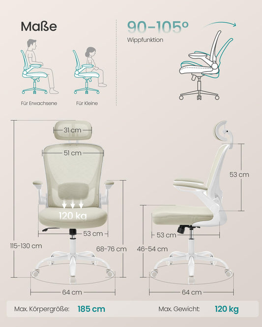 SONGMICS ergonomic office chair with mesh, lumbar and headrest, rocking function, 53 cm wide seat, foldable armrests, for office and bedroom, students, cappuccino beige OBN047K01.