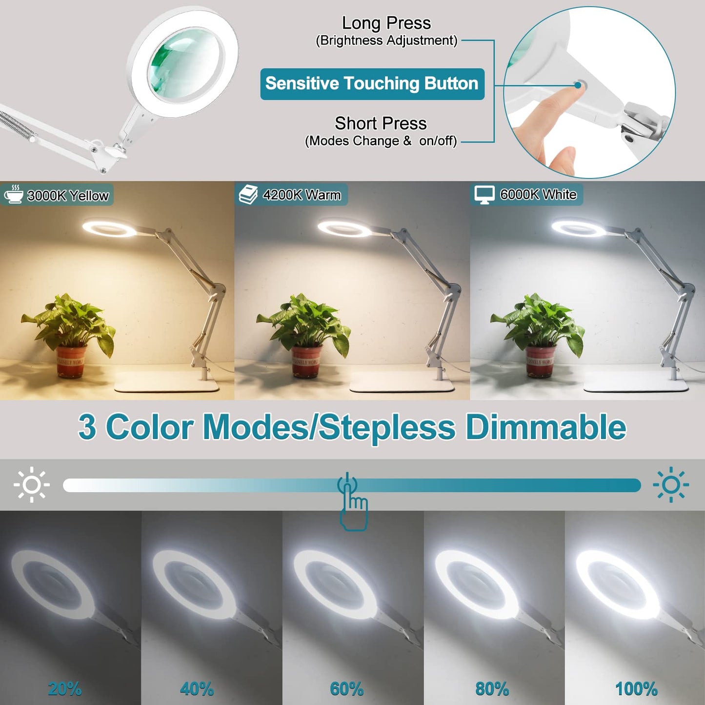 10X magnifying glass with light and stand, touch control, 2-in-1 LED magnifier light, desk lamp with large base and clamp, 3 color modes dimmable, magnifying lamp for crafting, white.