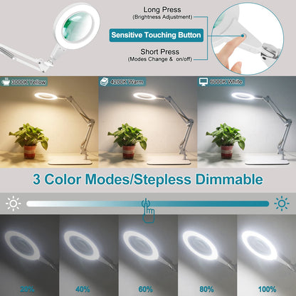 10X magnifying glass with light and stand, touch control, 2-in-1 LED magnifier light, desk lamp with large base and clamp, 3 color modes dimmable, magnifying lamp for crafting, white.