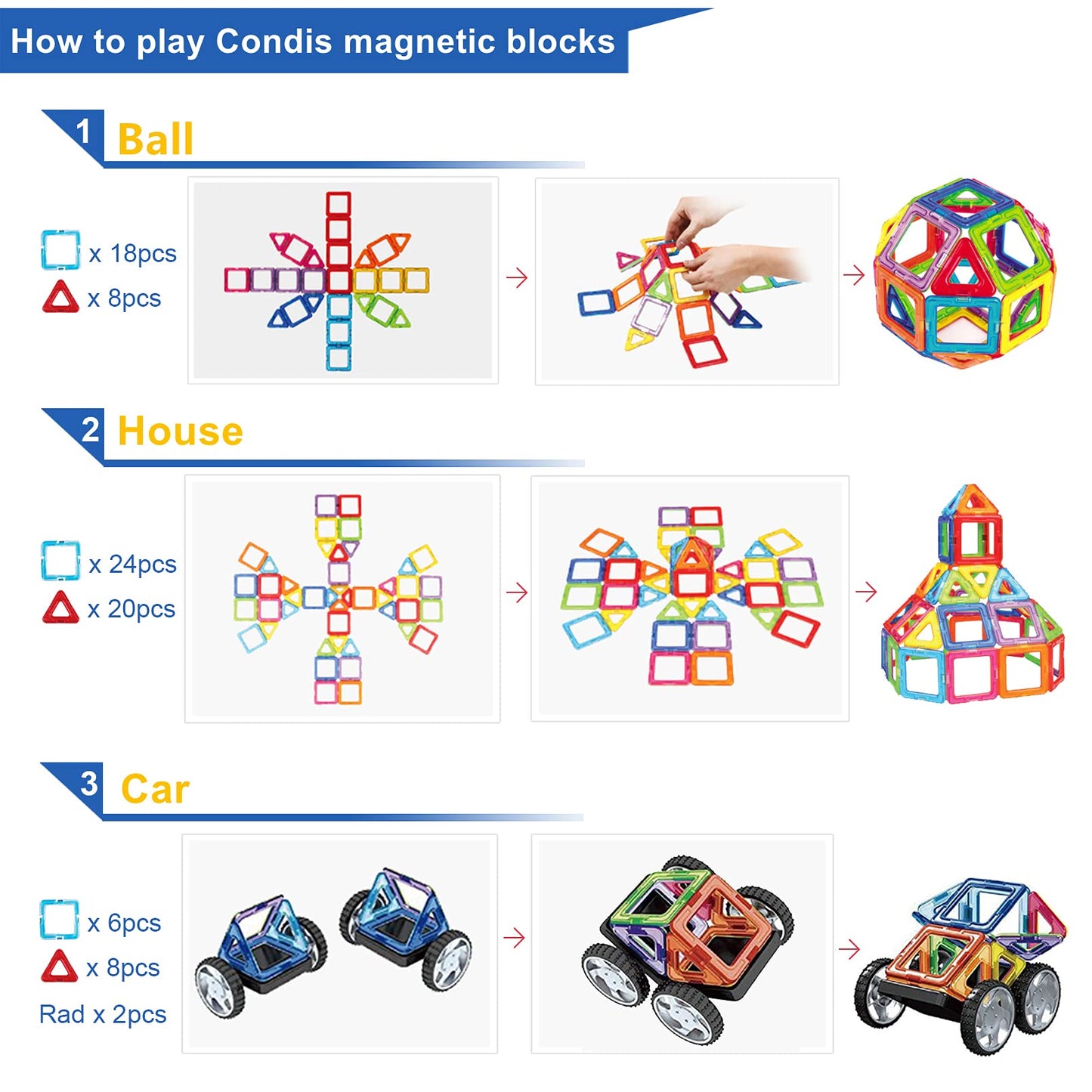 CONDIS Magnetic Building Blocks 62 Pieces, STEM Magnet Blocks, Creative Educational Toy for Montessori Preschool Learning for Boys and Girls ages 3+