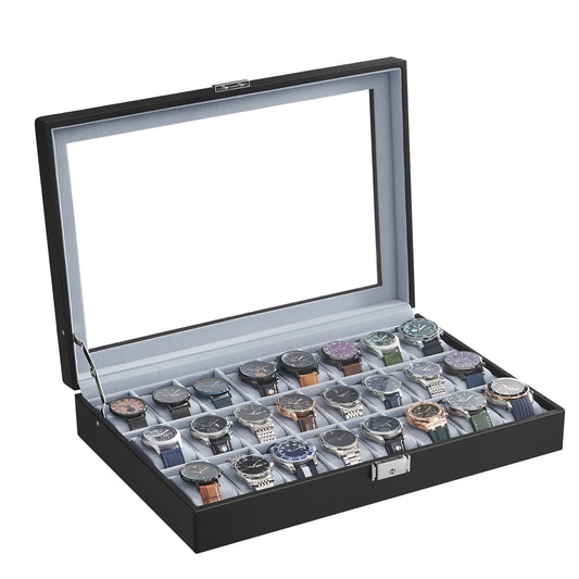 SONGMICS Watch Box, lockable watch case, storage organizer for watches, with 24 compartments, glass lid, gift for loved ones, black JWB024