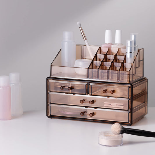 Navaris Makeup Storage Organizer - Cosmetic Storage Box made of transparent acrylic - Holder with drawers and compartments - 2in1 design - Brown