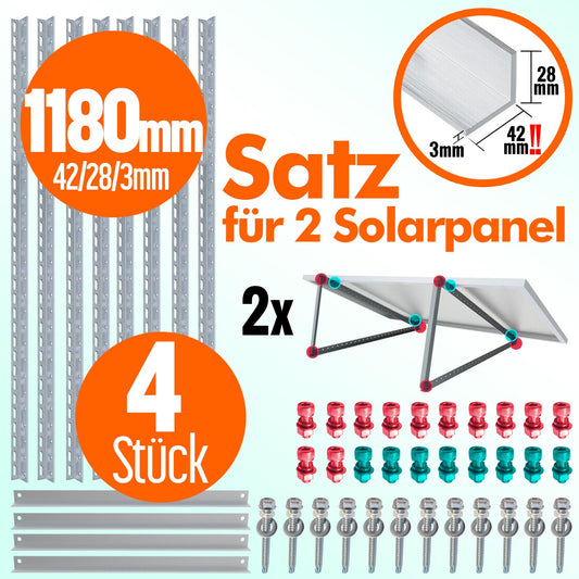 4x Solar Panel Mounting 1180mm Set for 2 Solar Panels Solar Panel Flat Roof Mounting Photovoltaic Universal Balcony Power Plant Robust Wall Flat Roof Installation, Weatherproof, PV Modules