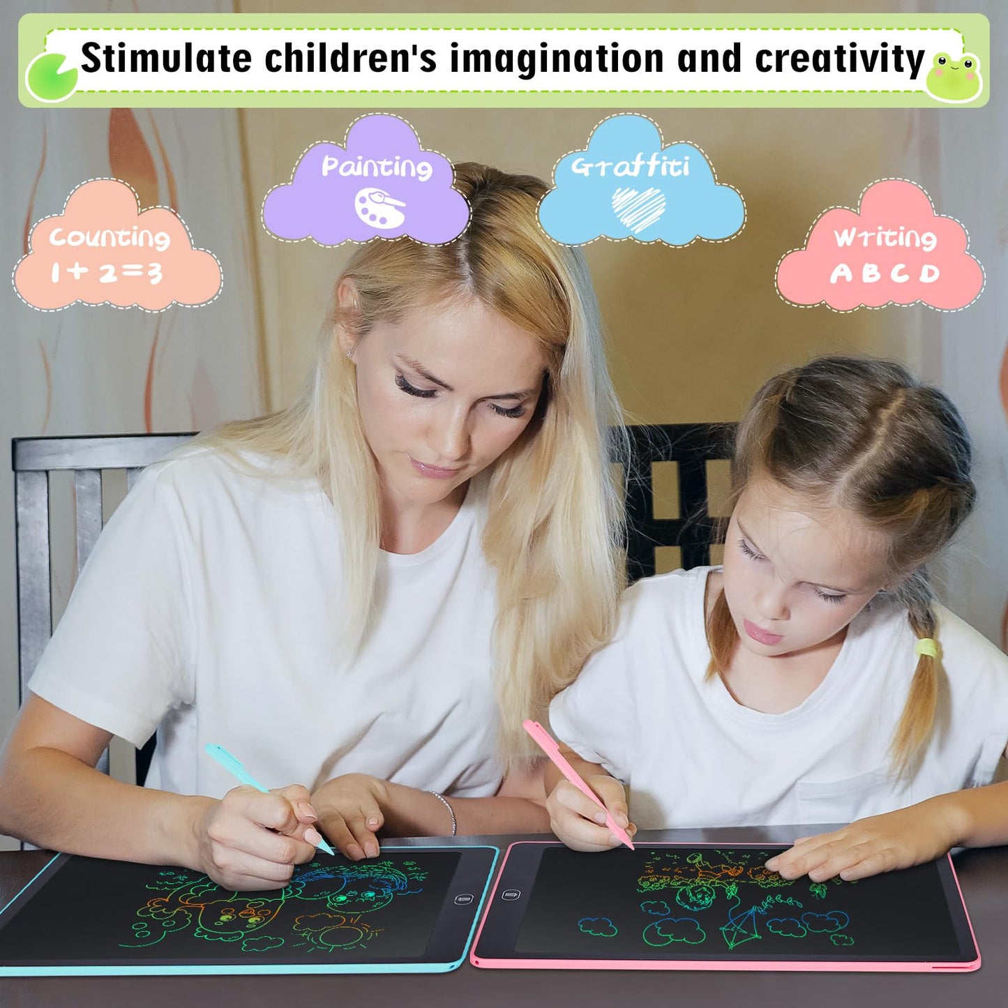 Damcyer 16 Inch LCD Writing Tablet for Kids 2 Pack, LCD Magic Drawing Board with Animal Stickers, Reusable Drawing Tablet for Kids and Adults Birthday Gifts Toy, Blue + Pink