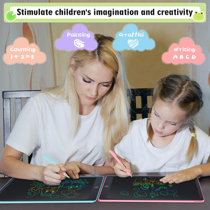Damcyer 16 Inch LCD Writing Tablet for Kids 2 Pack, LCD Magic Drawing Board with Animal Stickers, Reusable Drawing Tablet for Kids and Adults Birthday Gifts Toy, Blue + Pink