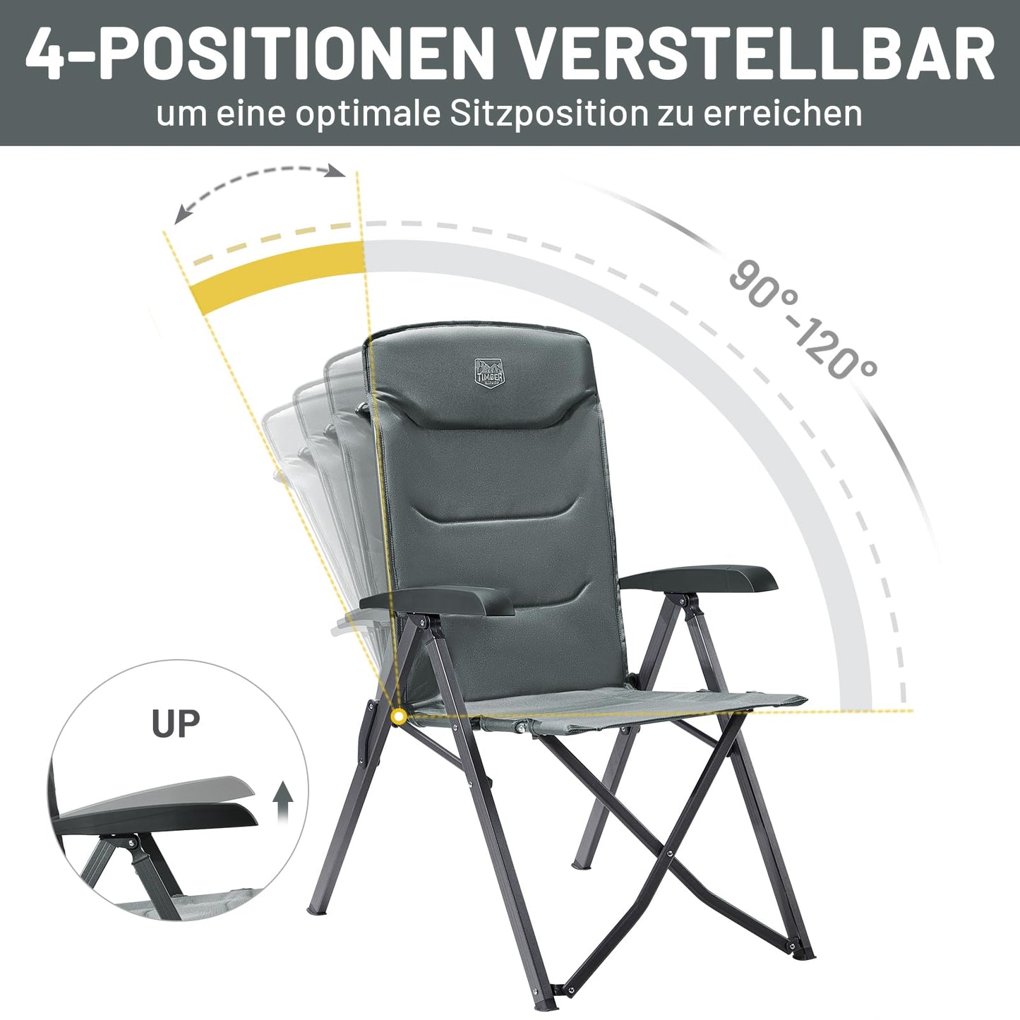 TIMBER RIDGE 2-person Camping Chair Foldable Compact Folded Size Camping Chair 150kg High Backrest with 4 Adjustable Positions with Bag Aluminum Recliner for Garden Balcony RV Grey