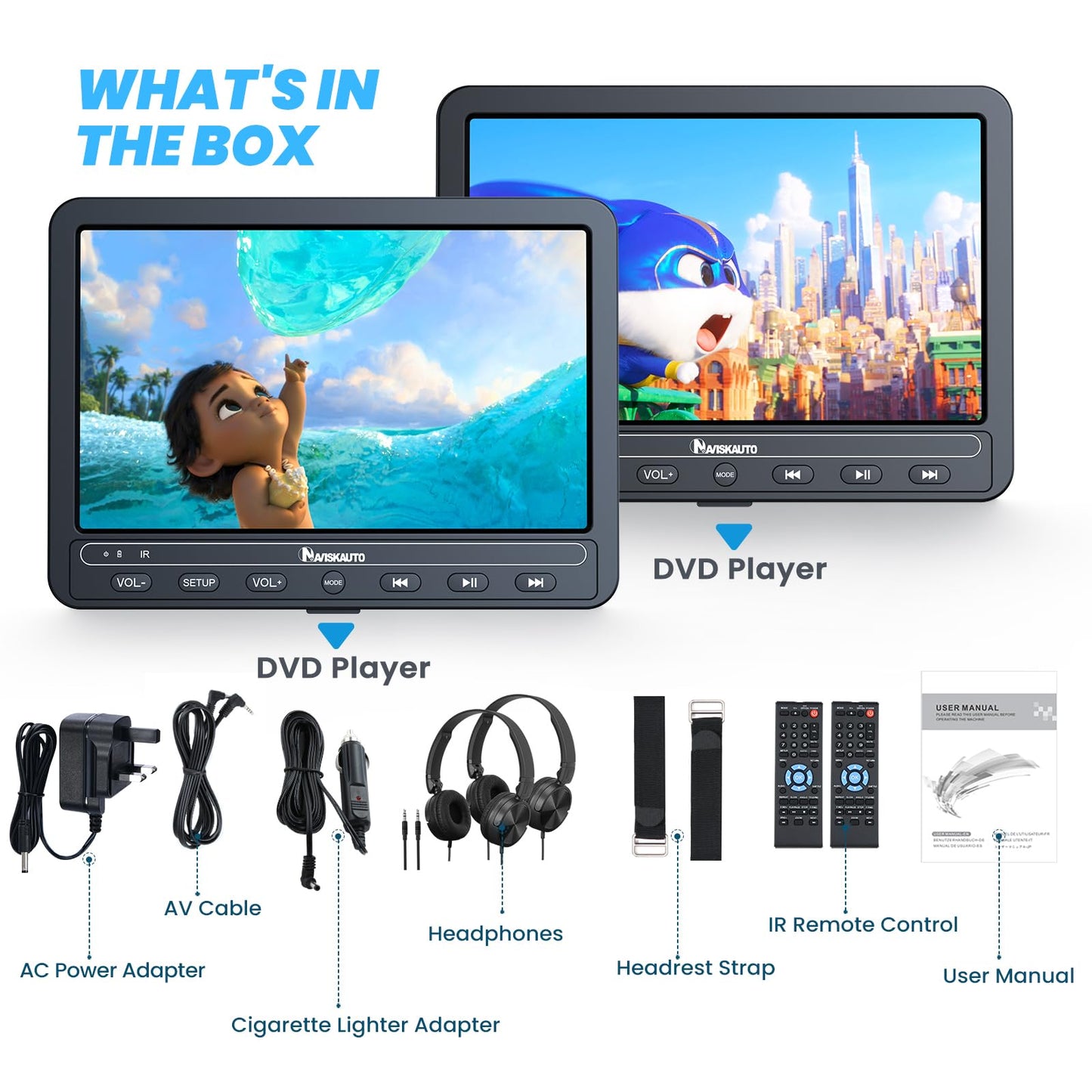 NAVISKAUTO 10.5-inch Car DVD Player with 2 Monitors, Built-in 5000mAh Battery, HDMI IN, Portable Car DVD Player TV for Backseat, Supports USB/SD Card, with Two Headphones.
