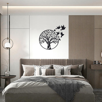 Luccyle metal wall art, Metal Tree of Life wall decoration silhouette, family tree with birds on branch, home decor for bedroom, living room, kitchen (Black, 49x49cm)