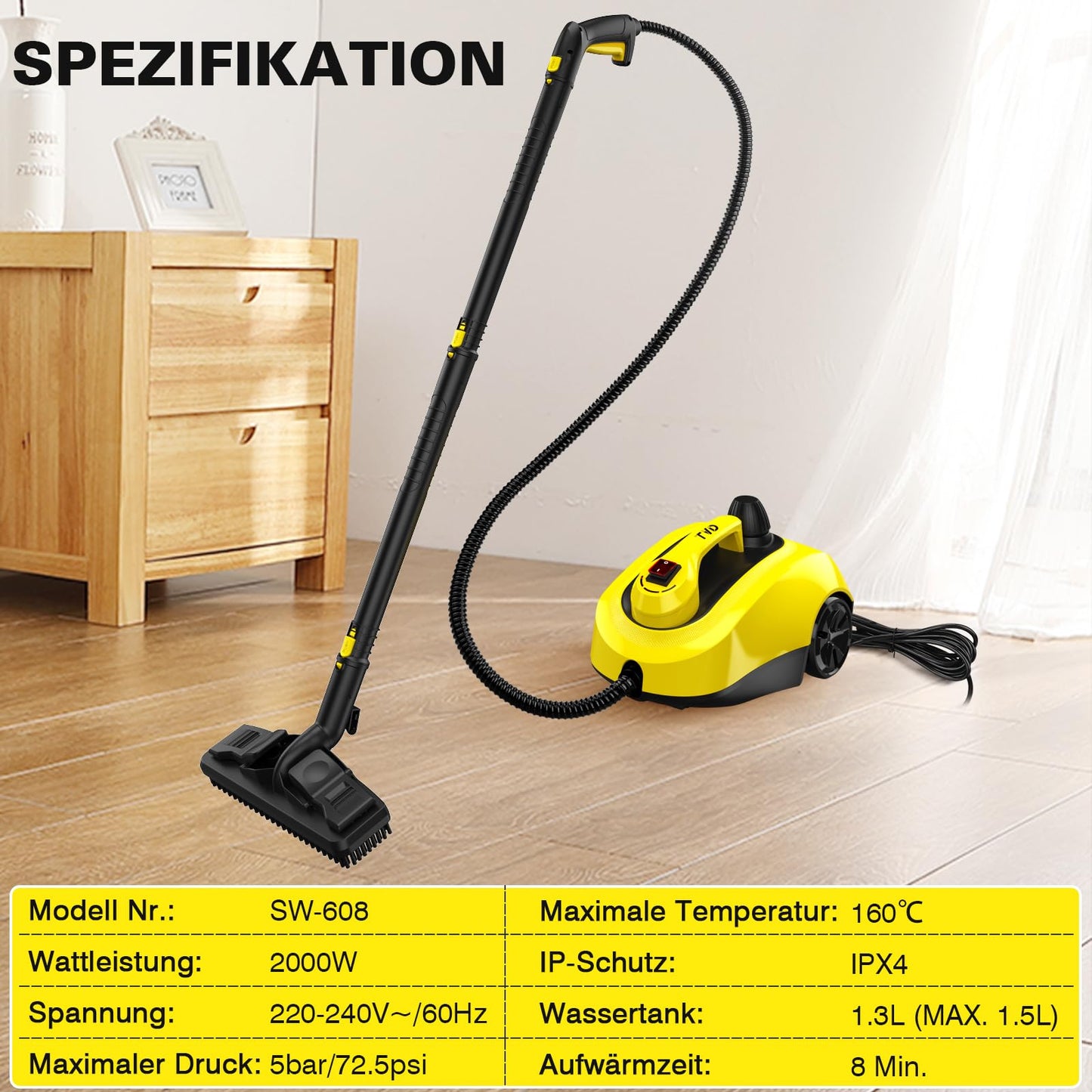 TVD Steam Cleaner, upholstery cleaning device, steam cleaner with 5m extra long power cord for floor steamers, oven, carpet, sofa, upholstery, bed bugs (deep yellow)