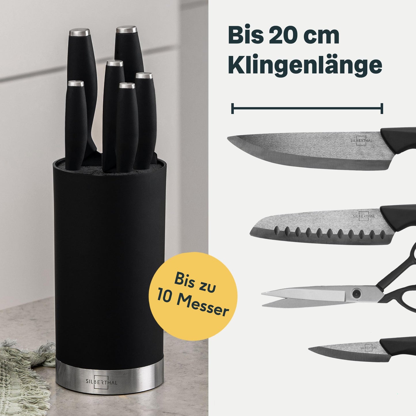 SILBERTHAL Universal Knife Block without Knives - removable bristle insert - storage for up to 10 knives - Black - Recycled plastic with stainless steel ring