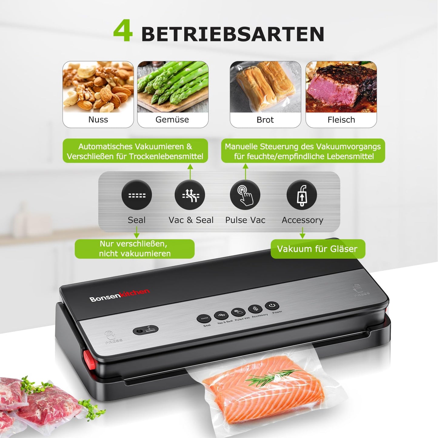 Bonsenkitchen vacuum sealer for dry and moist foods with built-in cutter, 1 roll of bags, 50 professional bags