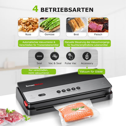 Bonsenkitchen vacuum sealer for dry and moist foods with built-in cutter, 1 roll of bags, 50 professional bags