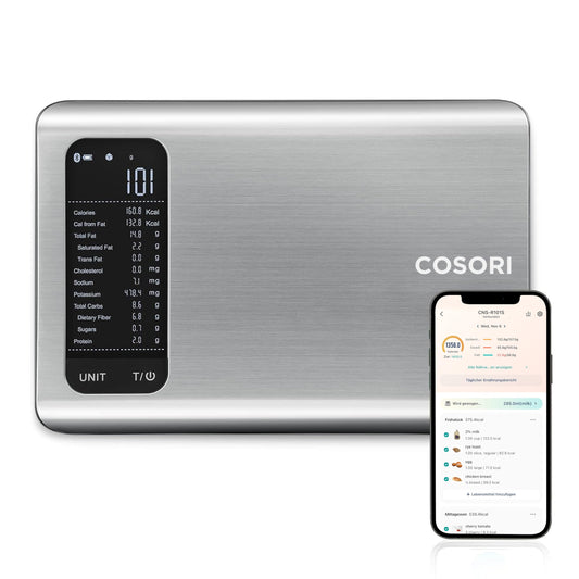 Cosori digital kitchen scale with nutritional calculation, nutrition scale app tracks 19 nutrients, calorie data analysis, 5kg stainless steel food scale, suitable for weight loss, database only for Germany.