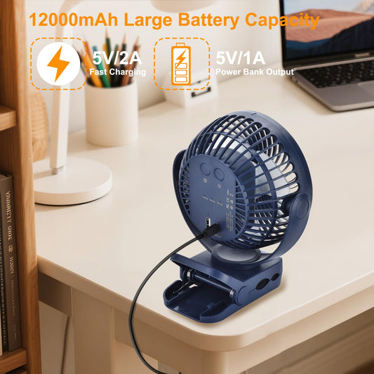 GOBRILLFUN 6 inch 12000mAh Remote Control Clip-on Fan, LED Night Light, 3 Speeds, Portable Personal USB Fan for Home, Office, RV, Outdoor Camping - Blue