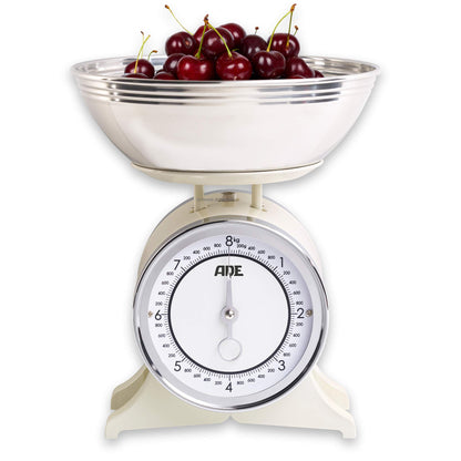 ADE Retro-style mechanical kitchen scale | precise display up to 8 kg | classic analog metal bowl scale | high-quality removable stainless steel bowl | cream white