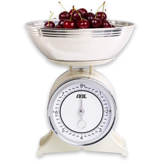ADE Retro-style mechanical kitchen scale | precise display up to 8 kg | classic analog metal bowl scale | high-quality removable stainless steel bowl | cream white