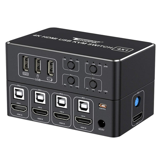 Tendak 4x1 HDMI KVM Switch, 4K@60Hz HDMI 2.0 HDCP 2.2 computer KVM switch supports USB 2.0 devices for laptop, PC, server, DVR, PS4, Xbox, HDTV.