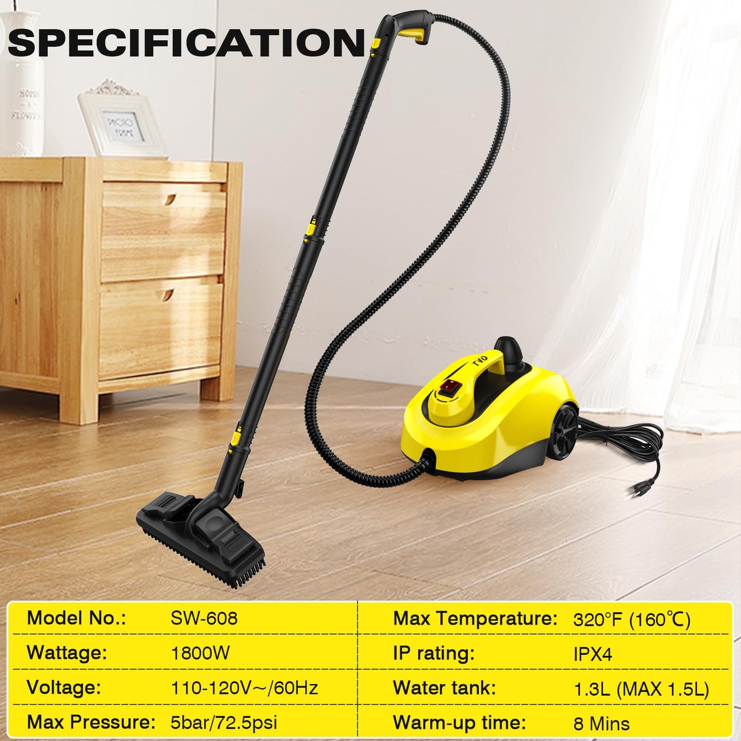 TVD steam cleaner, upholstery cleaner device, steam cleaner with 5m extra long power cord for floor steamer, oven, carpet, sofa, upholstery, bed bugs
