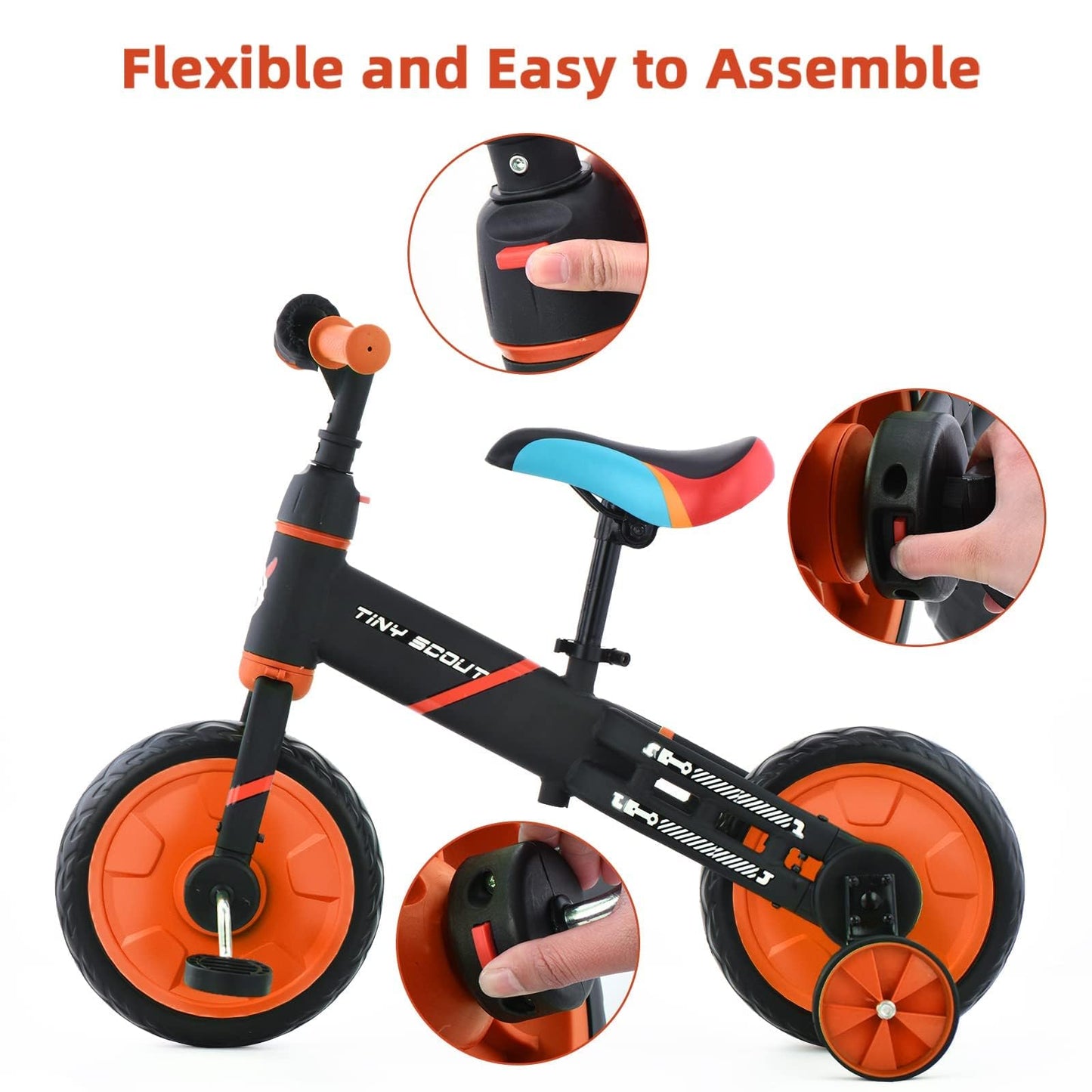 ZavoFly 4 in 1 balance bike, kids tricycle, tricycle for children aged 3 to 5 years old (Orange)