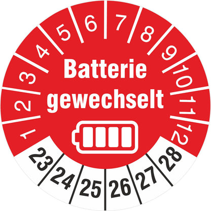 500 pieces of battery changed inspection stickers 30 mm test labels 2023-2028 on a roll with dispenser box highly adhesive