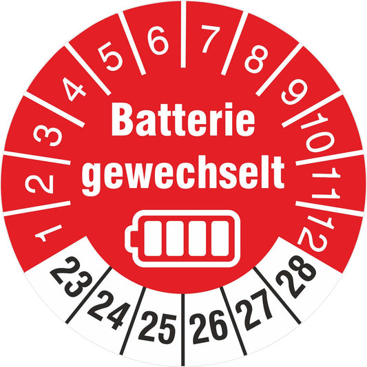 500 pieces of battery changed inspection stickers 30 mm test labels 2023-2028 on a roll with dispenser box highly adhesive